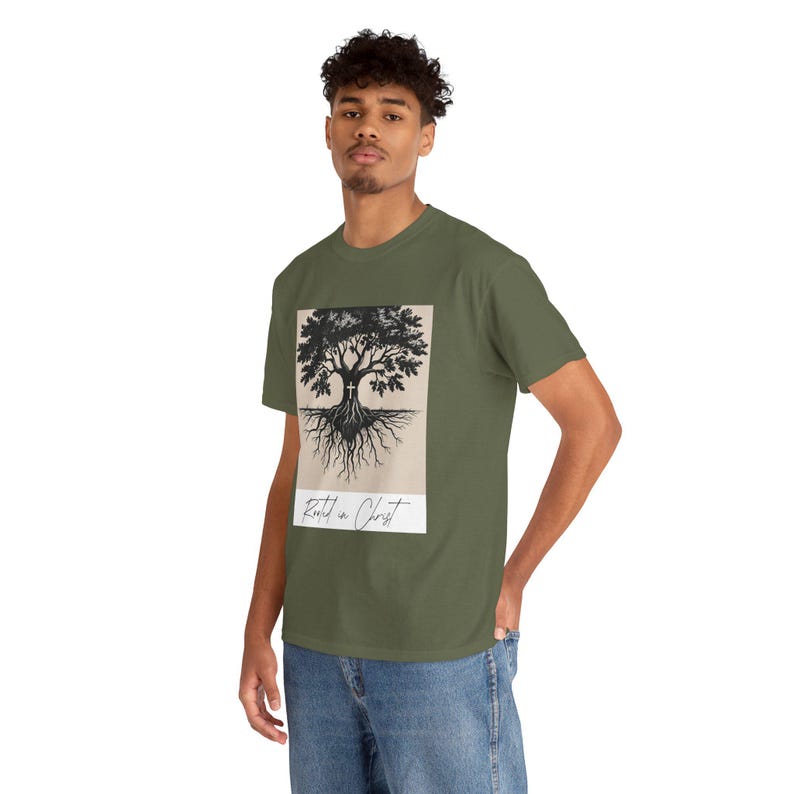 Faith Based Apparel, Christian Tee, Rooted in Christ, Nature Art Shirt, Eco-Friendly Gift, Casual Tee, Earth Day Apparel, Unisex Gift image 5