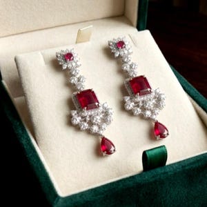Lab-Created Ruby Marquise Diamond Dangle Earrings – Art Deco Filigree Drop Jewelry