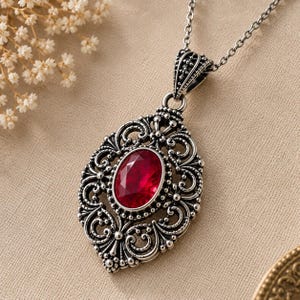 Vintage Filigree Ruby Pendant Necklace, 925 Sterling Silver