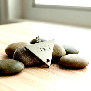 Engraved Sterling Silver Triangle Necklace | Personalized Birthstone Pendant