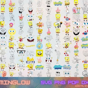 Puede incluir: Una colección de varios diseños de personajes de Bob Esponja en amarillo, negro y blanco. La imagen incluye múltiples ilustraciones de Bob Esponja en diferentes poses, junto con otros personajes y logotipos. La parte inferior de la imagen tiene el texto "MINGLOW SVG PNG PDF DXF DIGITAL STUDIO".