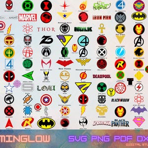 May include: A digital collection of colorful superhero and comic book character logos, emblems, and text titles arranged in a grid. The image includes various icons such as shields, stars, and symbols, with the text MINGLOW SVG PNG PDF DXF DIGITAL STUDIO at the bottom.