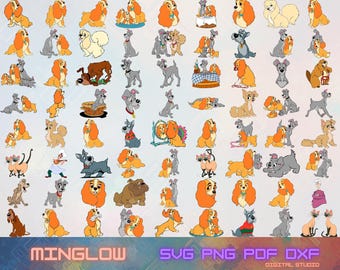 May include: A collection of cartoon illustrations featuring dogs in various poses and scenes. The dogs are depicted in a variety of colors, including orange, gray, and brown. The image includes the text "MINGLOW" and file type options: SVG, PNG, PDF, and DXF.