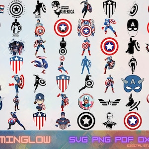Può includere: Una collezione di design digitali a tema Captain America. L'immagine presenta varie illustrazioni di Captain America, del suo scudo e simboli correlati in rosso, bianco, blu e nero. Il testo include "Captain America", "I Choose Honor" e "4 July".