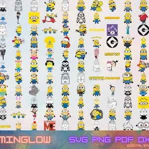 Peut inclure: Une collection de divers modèles de personnages de Minions en jaune et bleu, comprenant des illustrations et des logos. L'image présente plusieurs Minions dans différentes poses et styles, avec le texte "MINGLOW SVG PNG PDF DXF DIGITAL STUDIO".