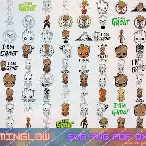 May include: A collection of Groot character designs in various poses and styles. Some designs include the text "I AM GROOT" and "CUTE!". The images are in black, white, and brown, suitable for digital art projects.
