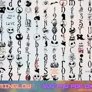 Può includere: Una collezione di elementi di arte digitale in bianco e nero con personaggi e simboli di "Nightmare Before Christmas". Include lettere, numeri e sagome di personaggi. L'immagine contiene anche il testo "MINGLOW SVG PNG PDF DXF DIGITAL STUDIO."