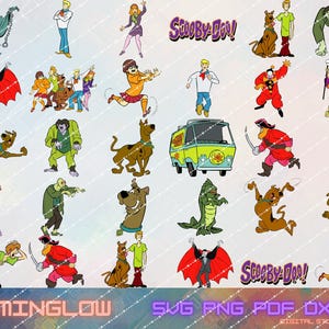 Puede incluir: Una colección de ilustraciones de personajes de dibujos animados de la franquicia Scooby-Doo. Las imágenes incluyen varios personajes, monstruos y la icónica furgoneta Mystery Machine, en una variedad de poses y colores. También está presente el texto "Scooby-Doo!".