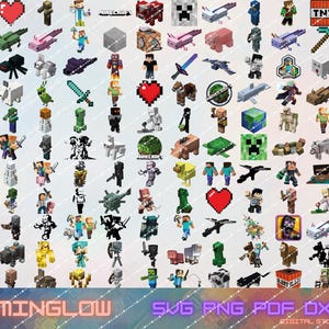 May include: A collection of pixelated Minecraft-themed graphics, including characters, creatures, and objects. The image features a variety of colors and designs, with the word "Minecraft" appearing multiple times. The bottom of the image displays the text "MINGLOW SVG PNG PDF DXF DIGITAL STUDIO."