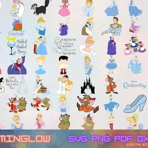 Puede incluir: Una colección de ilustraciones digitales con personajes y elementos de la película de Disney Cenicienta. Incluye a Cenicienta, el Príncipe Encantador, ratones, el Hada Madrina y otros gráficos relacionados. También incluye el texto "MINGLOW SVG PNG PDF DXF DIGITAL STUDIO."
