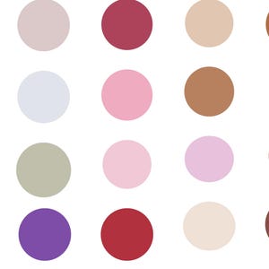 May include: A collection of twenty circular shapes in various colors, including shades of red, pink, beige, brown, purple, and blue. The circles are evenly spaced against a white background, creating a visually balanced pattern.