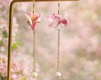 Handmade Micro crochet Flower Earrings, Dangling Floral Earrings(Long Style), Micro crochet Hydrangea macrophylla, Micro crochet Jewelry