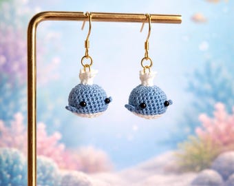 Micro Crochet Whale Earrings, Handmade Whales Earrings, Miniature Crochet Whales Earrings, Ocean Animal Earrings, Crochet Whale Gift