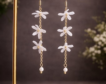 Handmade Micro Crochet Daisy Chain Earrings – White Flower Dangle with Pearl Accent