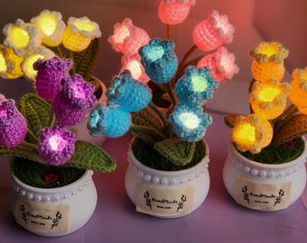Potted Crochet Lily of the Valley, Light up Crochet Flower, Everlasting Potted Plant Decor, Potted Crochet Plants, Handmade Home Decor Gift