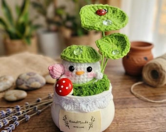 Handmade Crochet Potted Duck Holding Umbrella, Everlasting Potted Amigurumi Decor, Handmade Home Decor Gift, Potted Crochet Plants