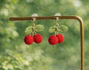 Micro Crochet Fruit Stud Earrings, Handmade Miniature Crochet Cherry Stud Earring, Gift For Her, Crochet Jewelry