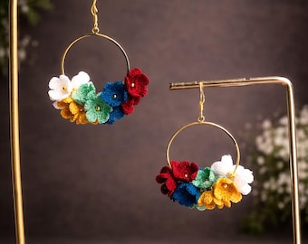 Micro crochet Floral Earrings, Mini crochet Flower Earrings, Combination Colors Cluster Flower Earrings, Miniature Flower Jewelry