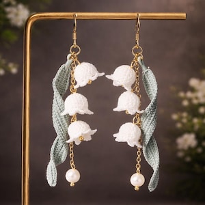 Micro crochet Lily Earrings, Cluster Earrings, Knitted Lily of the Valley, Floral Earrings, Micro Crochet Jewelry, Gift for Her