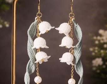 Micro crochet Lily Earrings, Cluster Earrings, Knitted Lily of the Valley, Floral Earrings, Micro Crochet Jewelry, Gift for Her