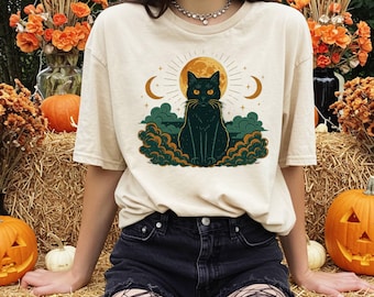 Mystical Black Cat Shirt | Witchy Moon Halloween Celestial Tee Unisex S-3XL
