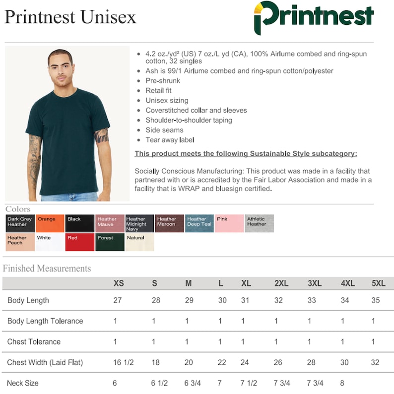 Op de afbeelding: Een donkergroen unisex T-shirt van Printnest. Het shirt is gemaakt van 100% Airlume gekamd en ringspun katoen. De afbeelding toont de kleuropties en afgewerkte maten, waaronder een lichaamslengte van 68,5 cm voor XS en 89 cm voor 5XL.