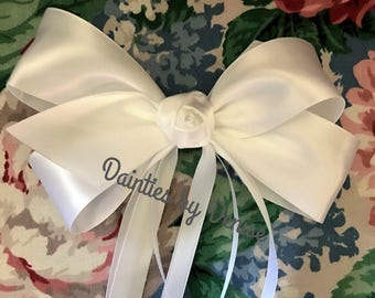 First Communion/Flower Girl  White Satin  Bow with Rose Center and   Ribbon  Streamers, Boutique Bow