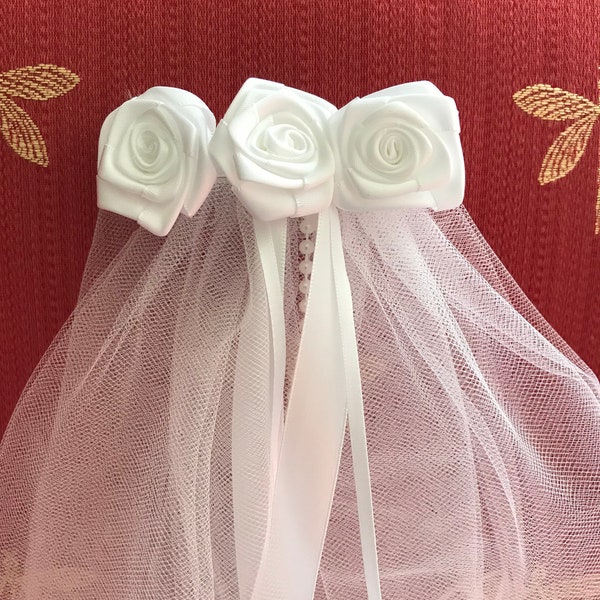 First Communion Veil 3 White Satin Ribbon Rose Flowers Veil with Ribbon and Pearl Streamers New