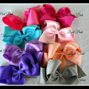 May include: Ten different colors of hair bows, including hot pink, shocking pink, light pink, turquoise, dark orchid, light coral, periwinkle, and silver. The bows are arranged in a circle with the text "Dainties by Denise" in the center.