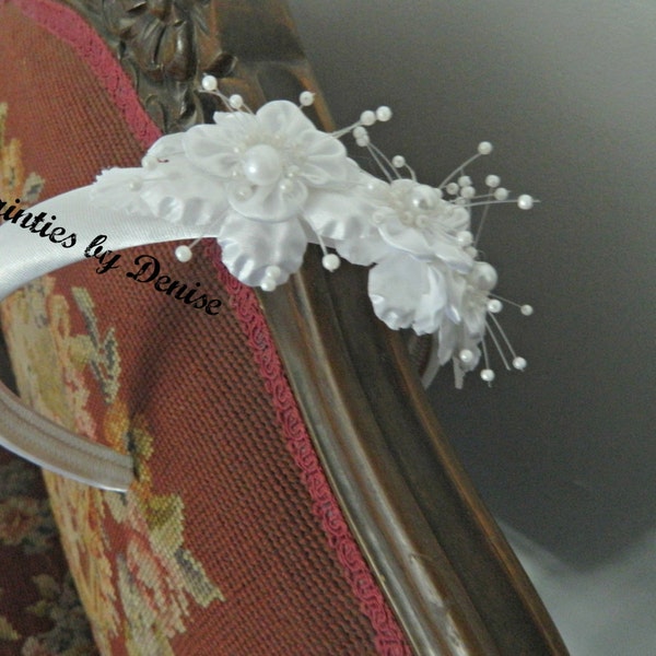 First Communion/Flower Girl Headband with 3 White Satin Flowers with Pearls, or with Veil