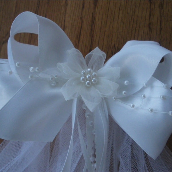 First Communion/Flower Girl  Boutique Bow Veil with Ribbon Rose Center,Ribbon and Pearl Streamers, New