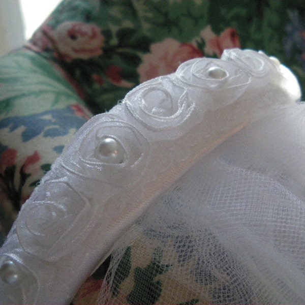 First Communion Headband Veil attached to a Shabby Chic Flowers and Lace Headband