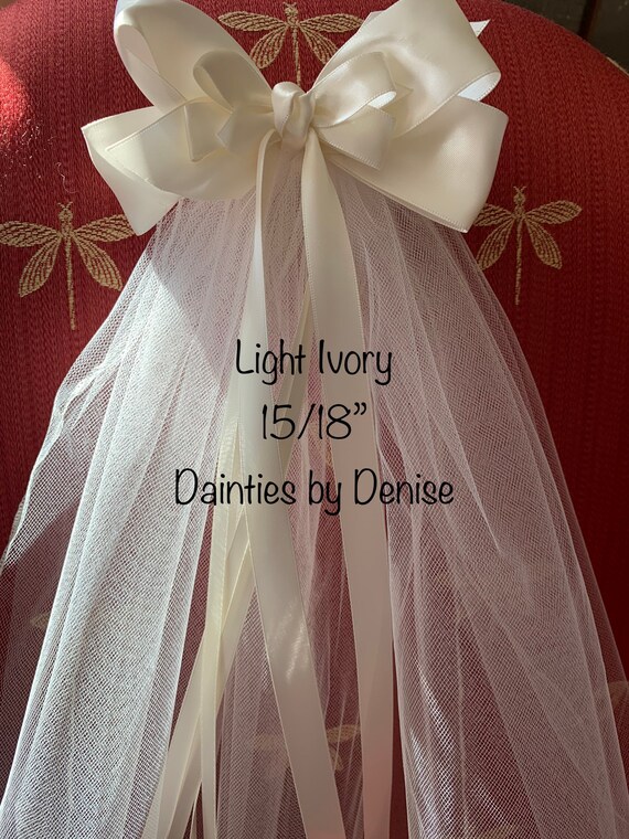 First Communion Veil Boutique Bow with Flower w/Ribbon Streamers Ivory or white 