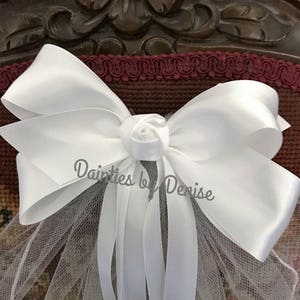 First Communion/Flower Girl  Veil attached to a  White Satin  Bow with Rose Center with Ribbon  Streamers, Boutique Bow
