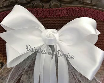 First Communion  White Satin Headband with Sheer and Satin Bow w/ pearl center 