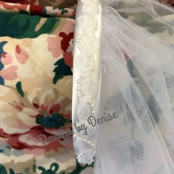 First Communion Headband Veil attached to a White Satin Headband with Pearls and Organza