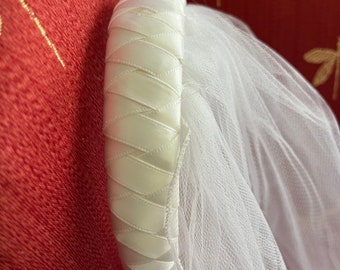 First Communion Basket Weave Ribbon Braided Headband Veil attached , white or ivory