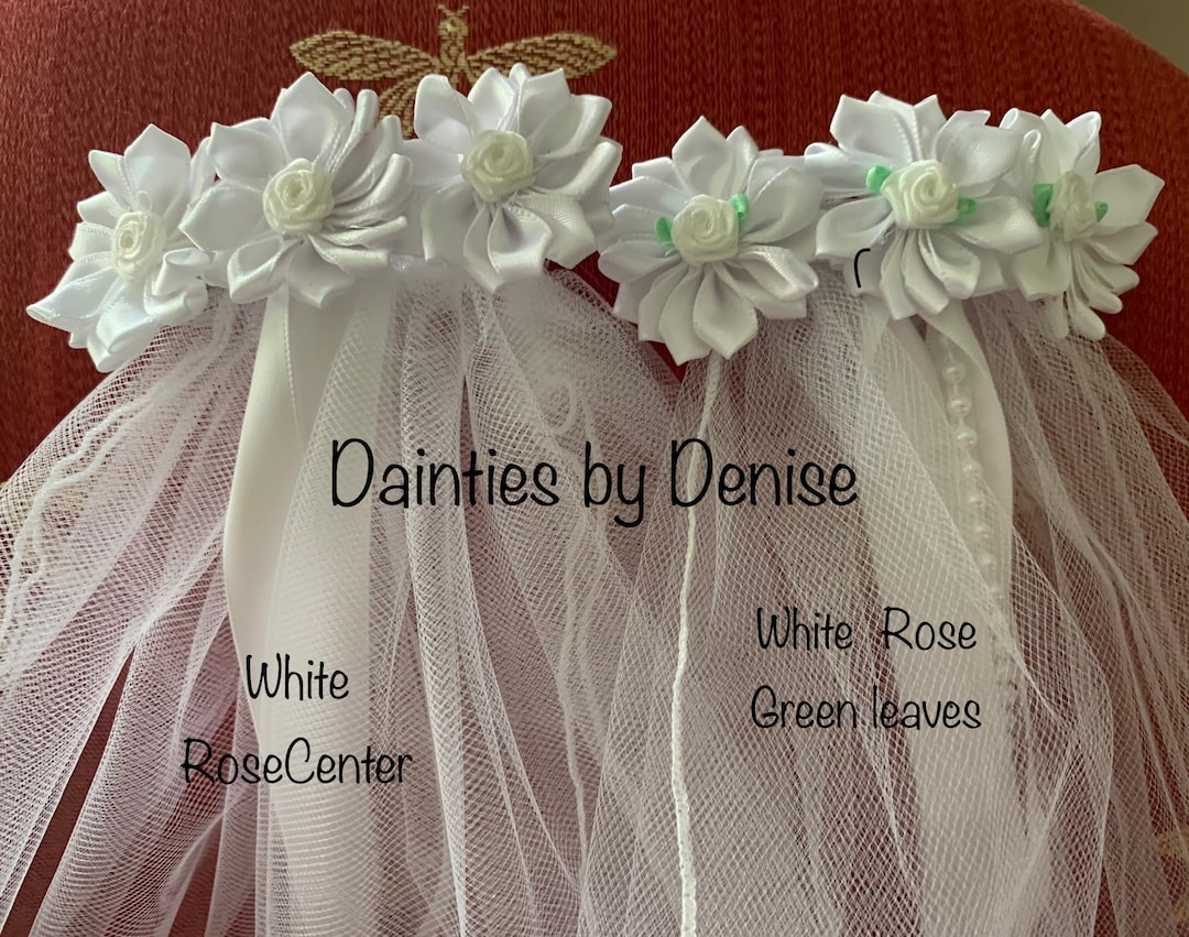 First Communion Veil 3 White Satin Ribbon Flowers Veil With Ribbon and ...