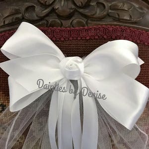 First Communion/Flower Girl  Veil attached to a  White Satin  Bow with Rose Center with Ribbon  Streamers, Boutique Bow