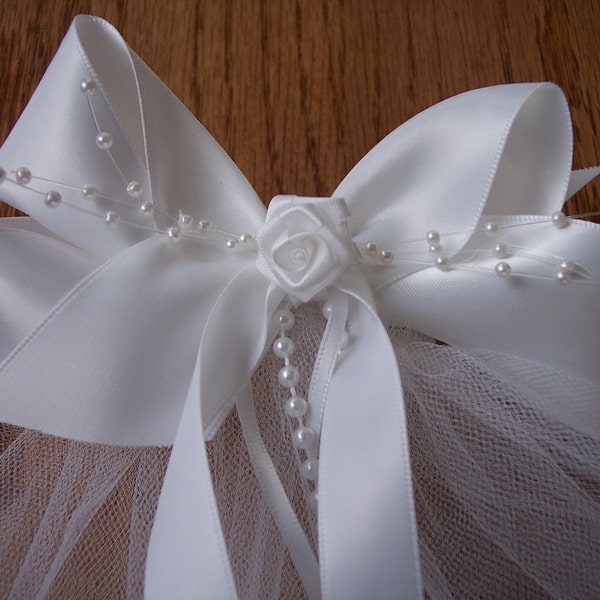 First Communion Boutique Bow Veil with Ribbon Rose Center,Ribbon and Pearl Streamers, New