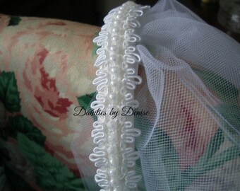 First Communion White Satin Headband with Daisy and Pearls with edged white tulle Veil attached NEW