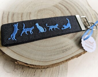 Schlüsselband mit Katzen und mit Namen bestickt | personalisierbar | dunkelgrau