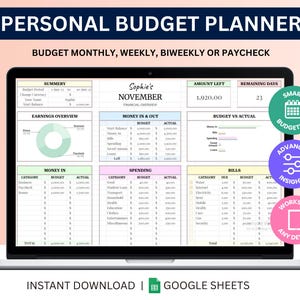 May include: A laptop screen displaying a personal budget planner template. The template includes sections for earnings, money in and out, spending, and bills. The text at the top reads "PERSONAL BUDGET PLANNER". Additional text includes "INSTANT DOWNLOAD | GOOGLE SHEETS".