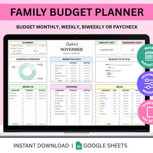 May include: A laptop screen displaying a family budget planner with the title "Family Budget Planner". The planner is designed for monthly, weekly, biweekly, or paycheck budgeting. It includes sections for earnings, money in and out, spending, and bills. The planner is an instant download and works with Google Sheets.