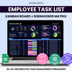 Op de afbeelding: Een laptop met een "EMPLOYEE TASK LIST" spreadsheet met Kanban board en Eisenhower matrix. Het scherm toont taakgegevens, grafieken en de tekst "ALL-IN-ONE EMPLOYEE TASKS MANAGEMENT SPREADSHEET". Pictogrammen geven functies aan zoals "WORKS ON ANY DEVICE".