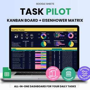 May include: A laptop displaying a Google Sheets dashboard labeled "Task Pilot" with Kanban Board and Eisenhower Matrix features. The screen shows data visualizations and task tracking elements. Additional icons indicate compatibility with any device, smart calendar, and advanced sort and filter options.