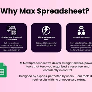 K&ouml;nnte beinhalten: Grafik mit der &Uuml;berschrift &bdquo;Warum Max Spreadsheet?&ldquo; mit drei dunkelvioletten Quadraten mit wei&szlig;en Symbolen und Text. Der Text beschreibt die Funktionen der Tabellenkalkulation, einschlie&szlig;lich Genauigkeit, Einfachheit und Benutzer-Feedback. Ein gr&uuml;nes Tabellenkalkulationssymbol ist ebenfalls vorhanden.
