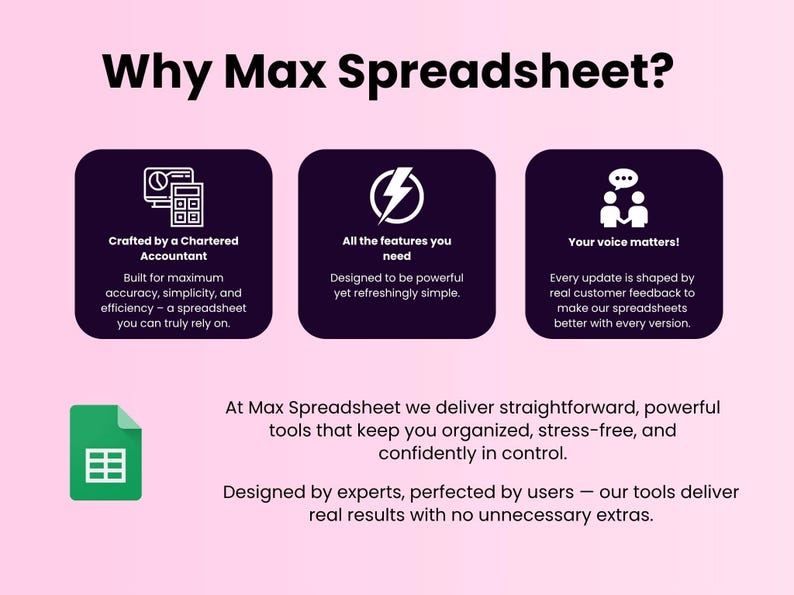 K&ouml;nnte beinhalten: Grafik mit der &Uuml;berschrift &bdquo;Warum Max Spreadsheet?&ldquo; mit drei dunkelvioletten Quadraten mit wei&szlig;en Symbolen und Text. Der Text beschreibt die Funktionen der Tabellenkalkulation, einschlie&szlig;lich Genauigkeit, Einfachheit und Benutzer-Feedback. Ein gr&uuml;nes Tabellenkalkulationssymbol ist ebenfalls vorhanden.