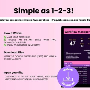 K&ouml;nnte beinhalten: Rosa Grafik mit dem Text "Simple as 1-2-3!" und Anweisungen f&uuml;r eine Tabelle. Ein Laptop-Bildschirm zeigt einen "Workflow Manager" mit Aufgaben-Details. Enth&auml;lt eine Schaltfl&auml;che "Sofort-Download".