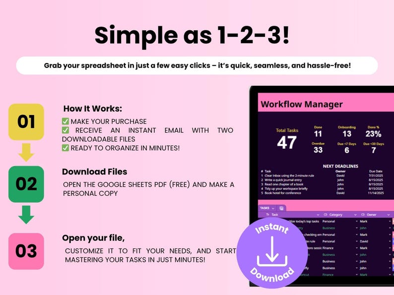 K&ouml;nnte beinhalten: Rosa Grafik mit dem Text "Simple as 1-2-3!" und Anweisungen f&uuml;r eine Tabelle. Ein Laptop-Bildschirm zeigt einen "Workflow Manager" mit Aufgaben-Details. Enth&auml;lt eine Schaltfl&auml;che "Sofort-Download".